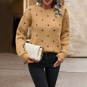 Beige knit sweater with black polka dots full body view