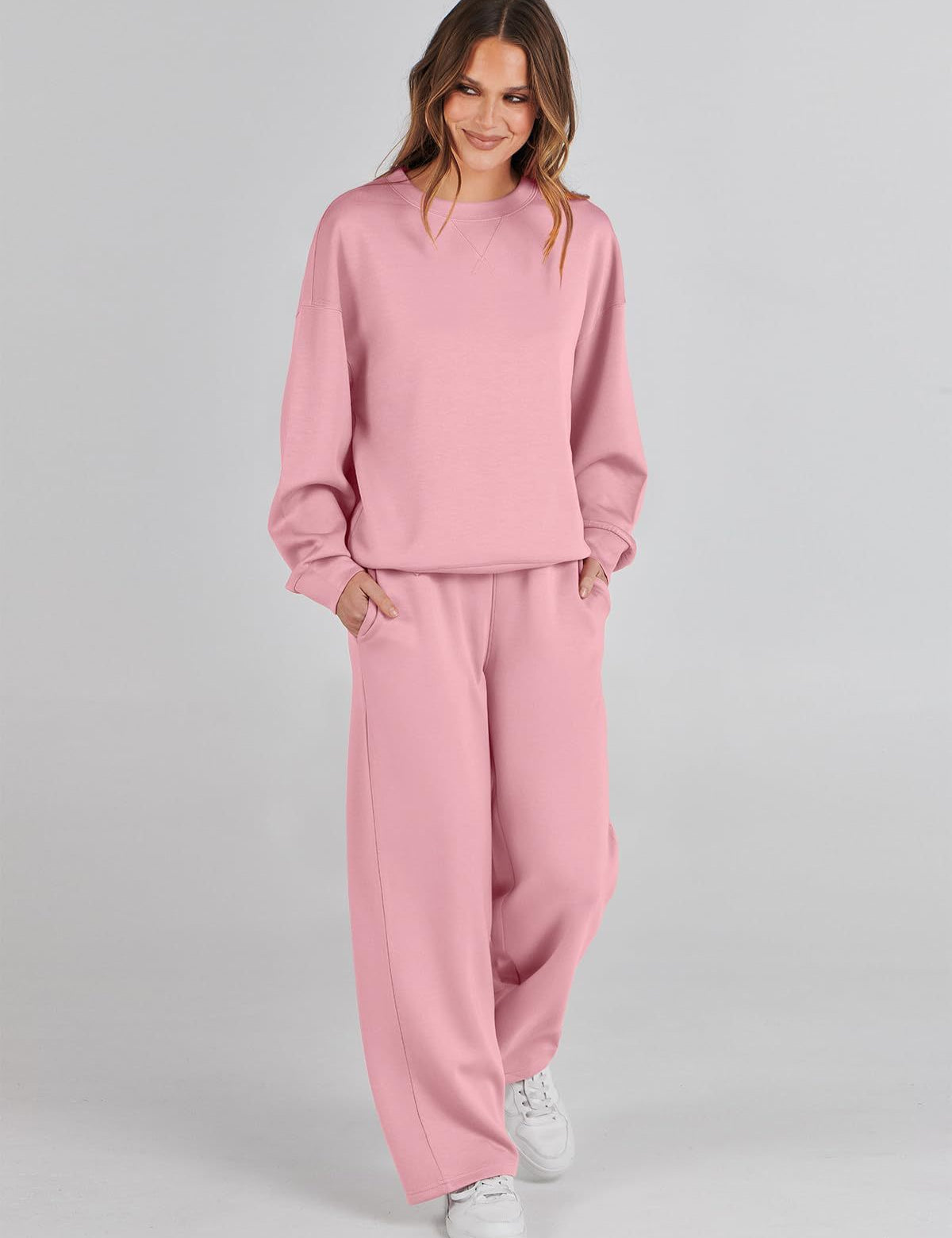 Pink loungewear set with wide pants front view
