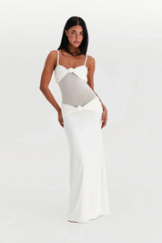 White strapless dress with mesh detail front view with thin straps