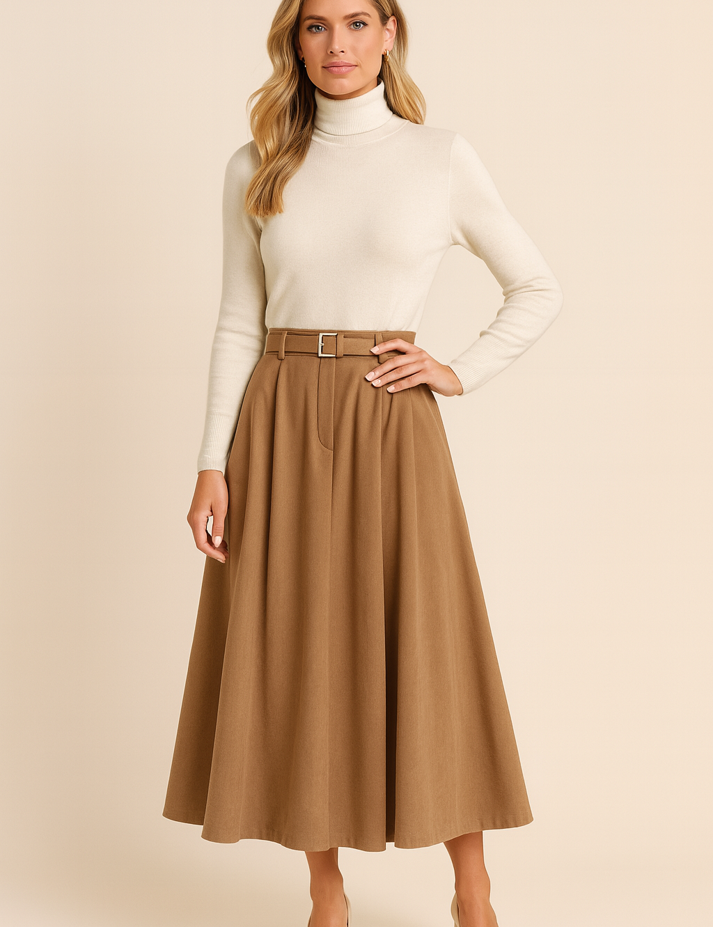 Midi skirt camel color front view with belt