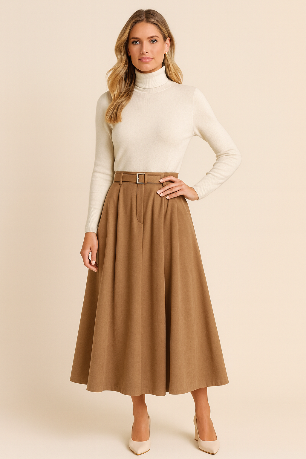 Midi skirt camel color front view with belt