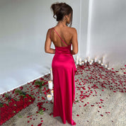 Evening dress red satin one-shoulder back view