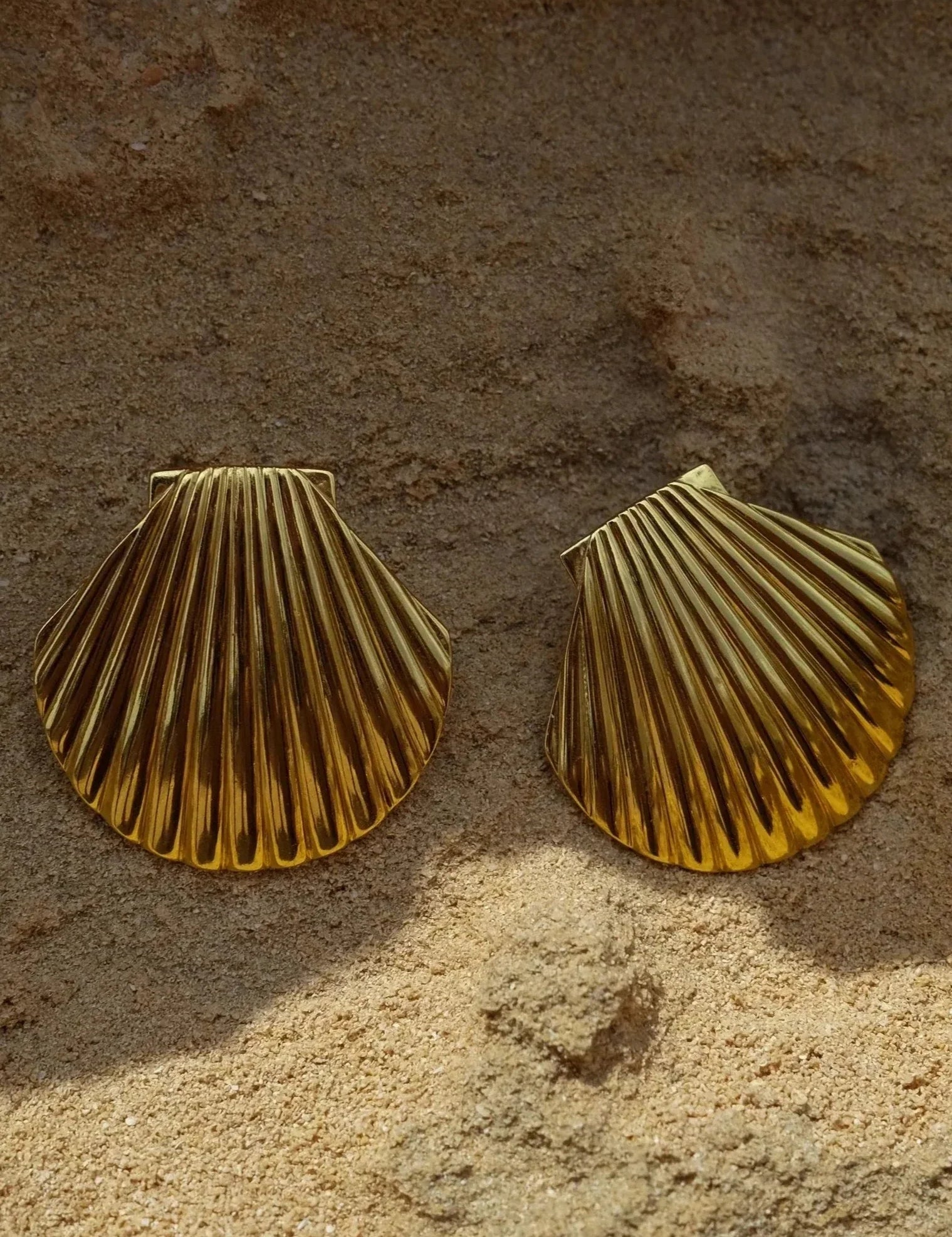 Gold shell-shaped earrings on sandy surface front view