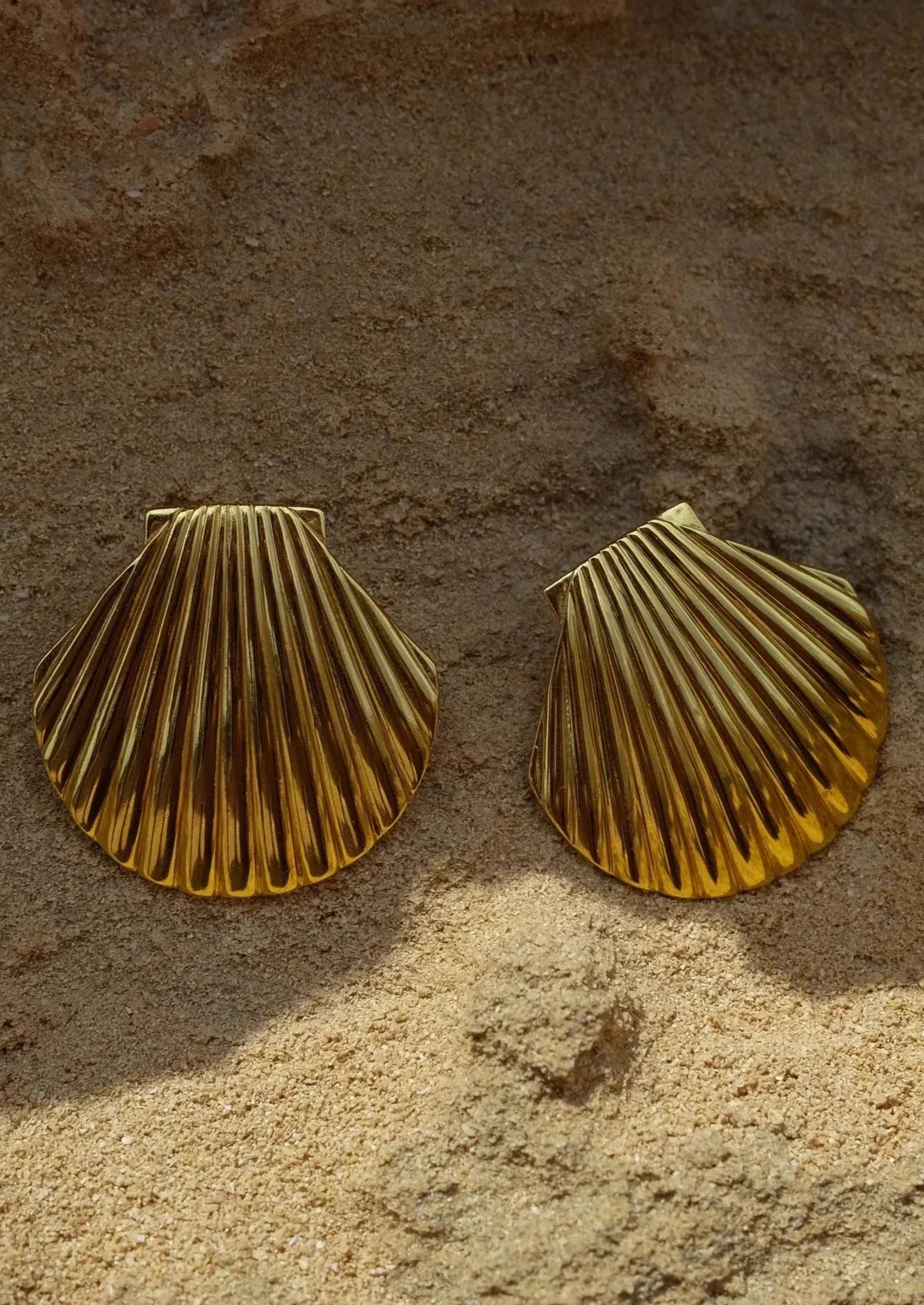 Gold shell-shaped earrings on sandy surface front view