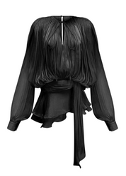 Black satin blouse with keyhole neck and peplum hem studio front view