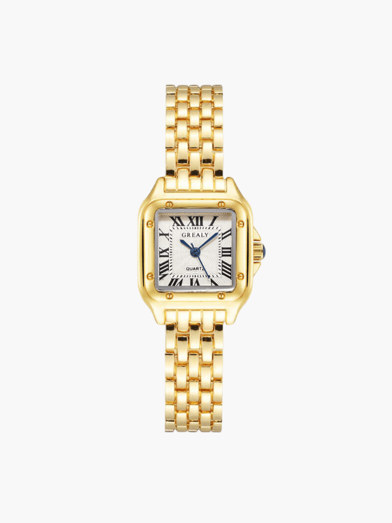 Gold wristwatch with Roman numerals and guilloche dial, front view on white background