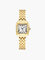 Gold wristwatch with Roman numerals and guilloche dial, front view on white background