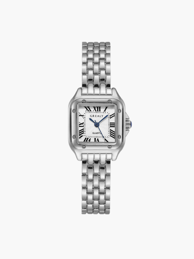 Silver wristwatch with Roman numerals and guilloche dial, front view on white background