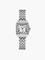Silver wristwatch with Roman numerals and guilloche dial, front view on white background