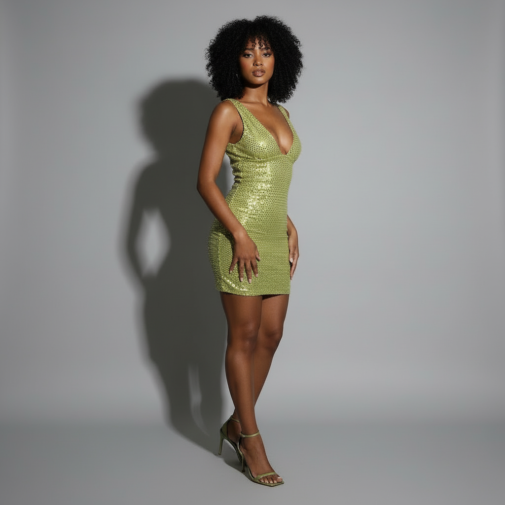 Aureline | Vrouwen Mini Jurk - Goudgroene Pailletten, Curve-Hugging Fit 3