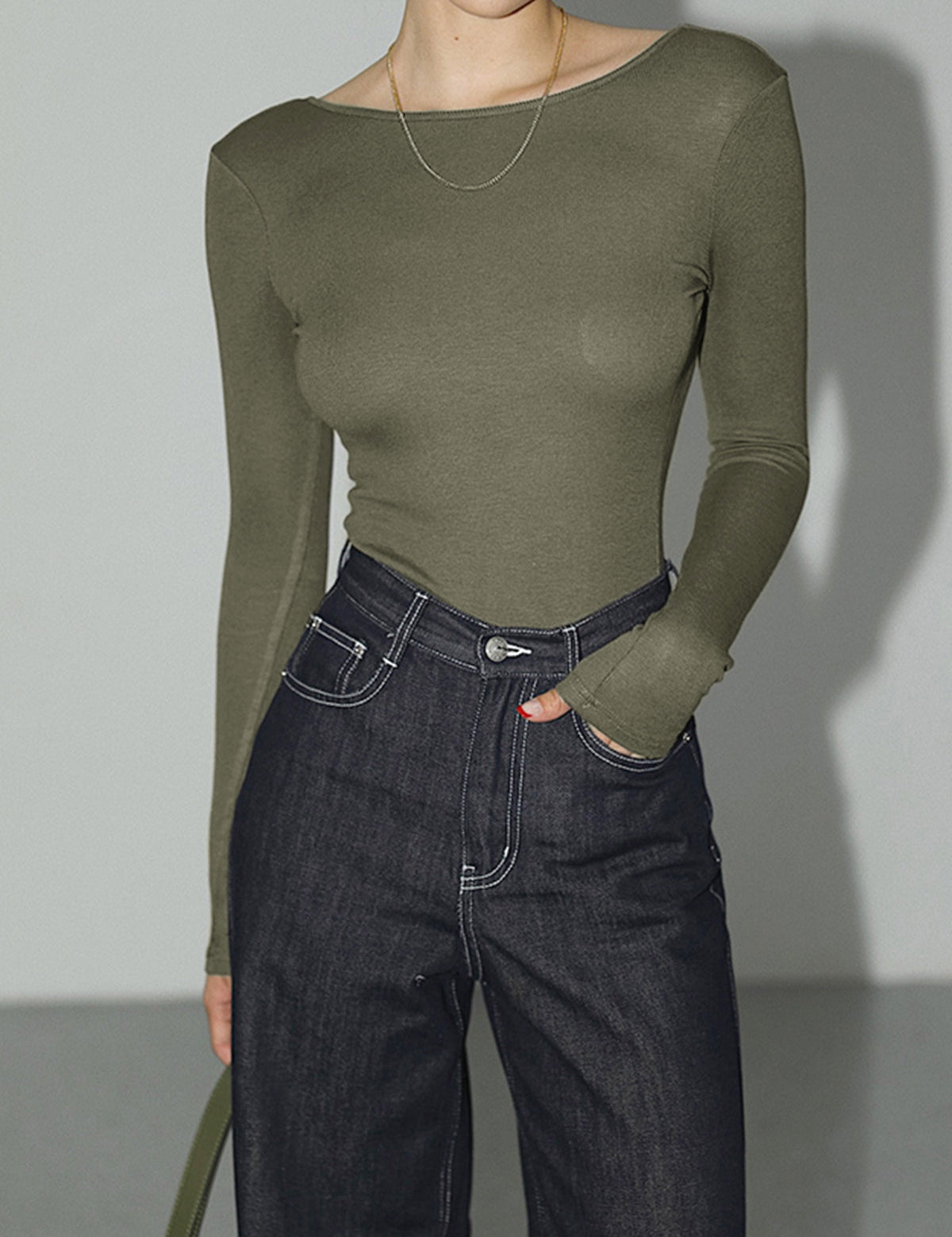Army green bodysuit with round neckline, front view