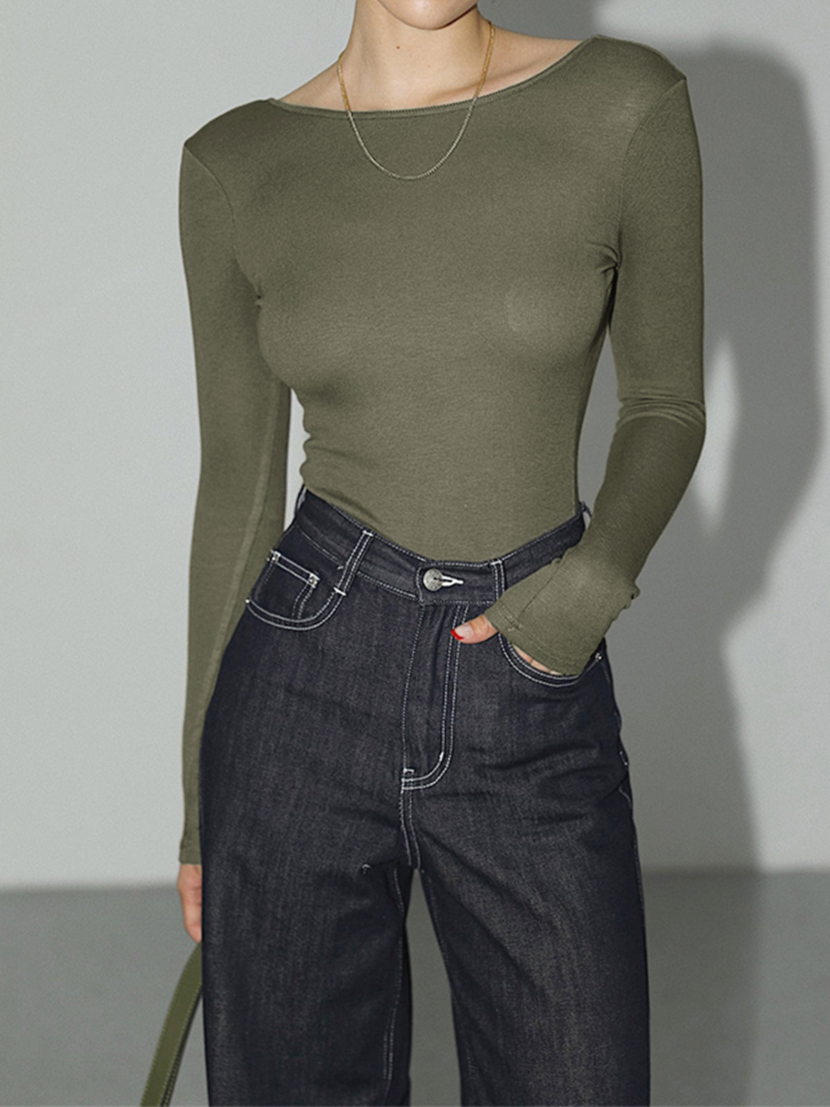 Army green bodysuit with round neckline, front view