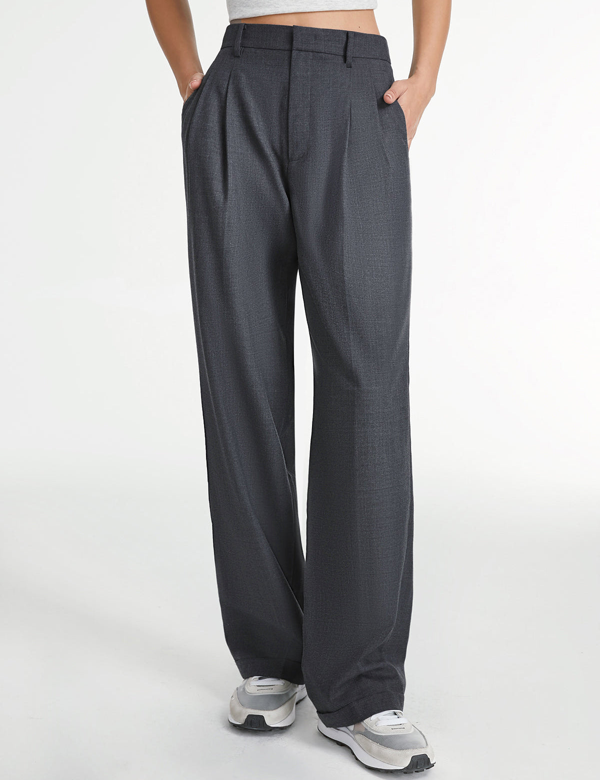 Wide-leg trousers with pleated detail in dark gray front view