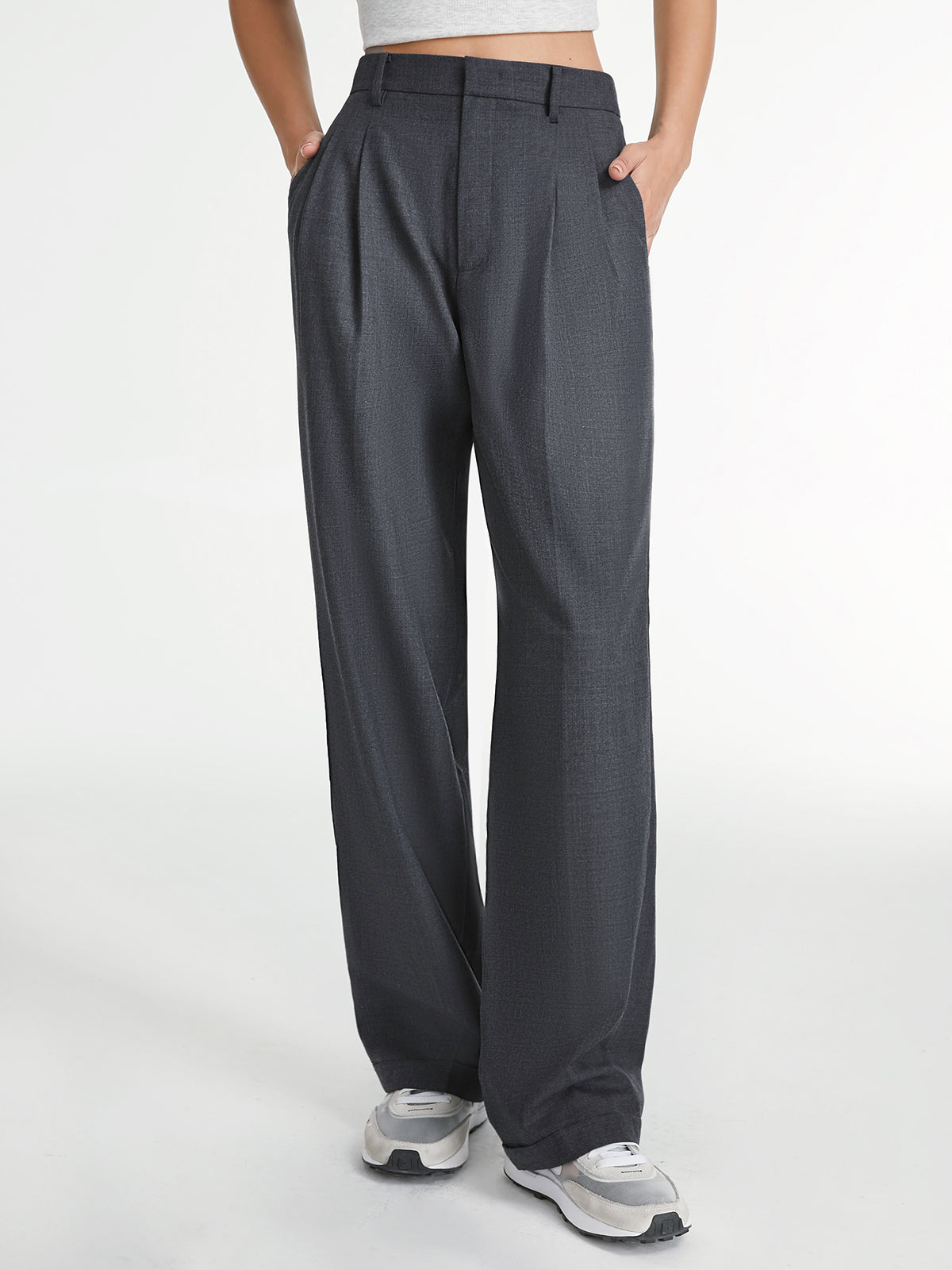 Wide-leg trousers with pleated detail in dark gray front view