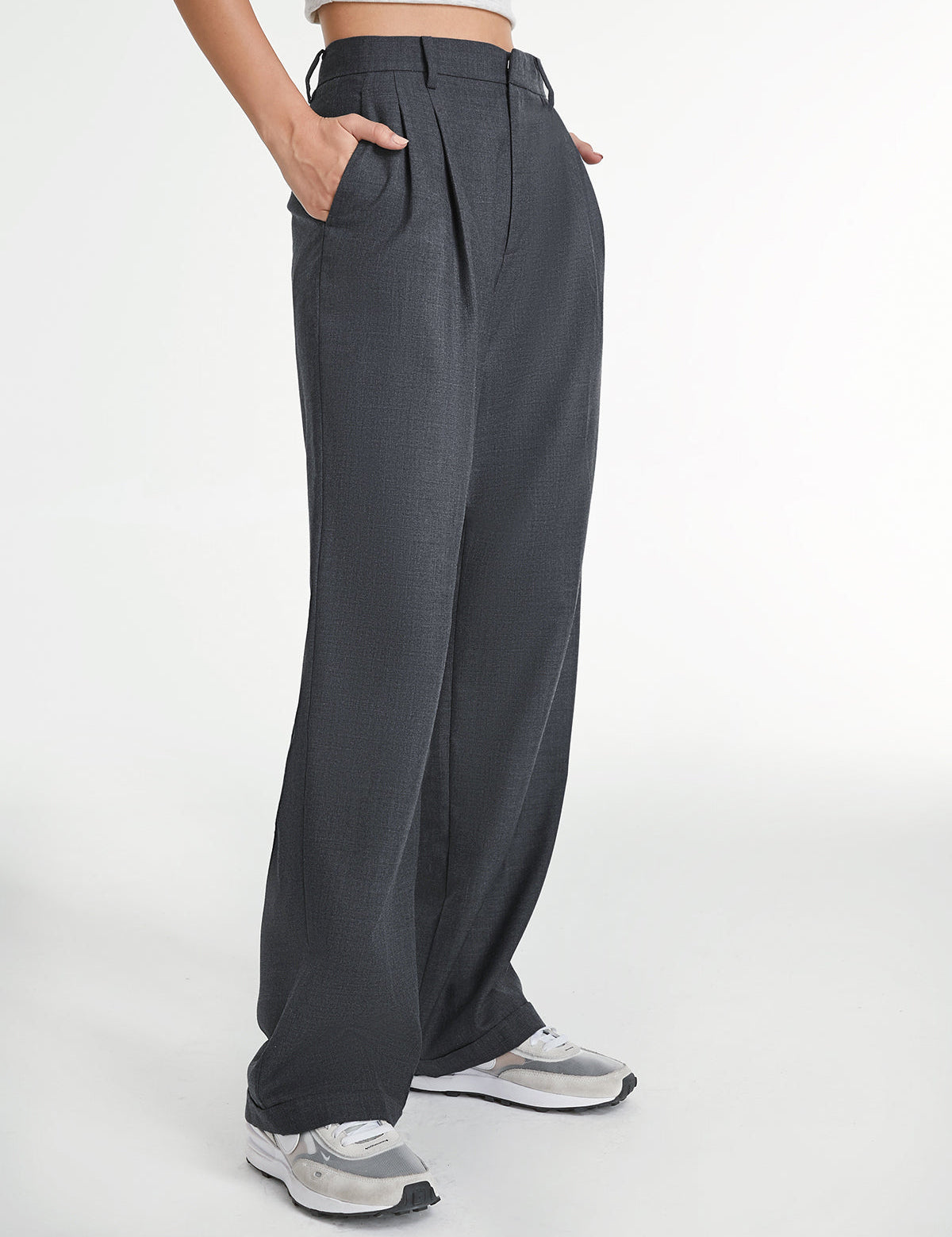 Wide-leg trousers with pleated detail in dark gray side view