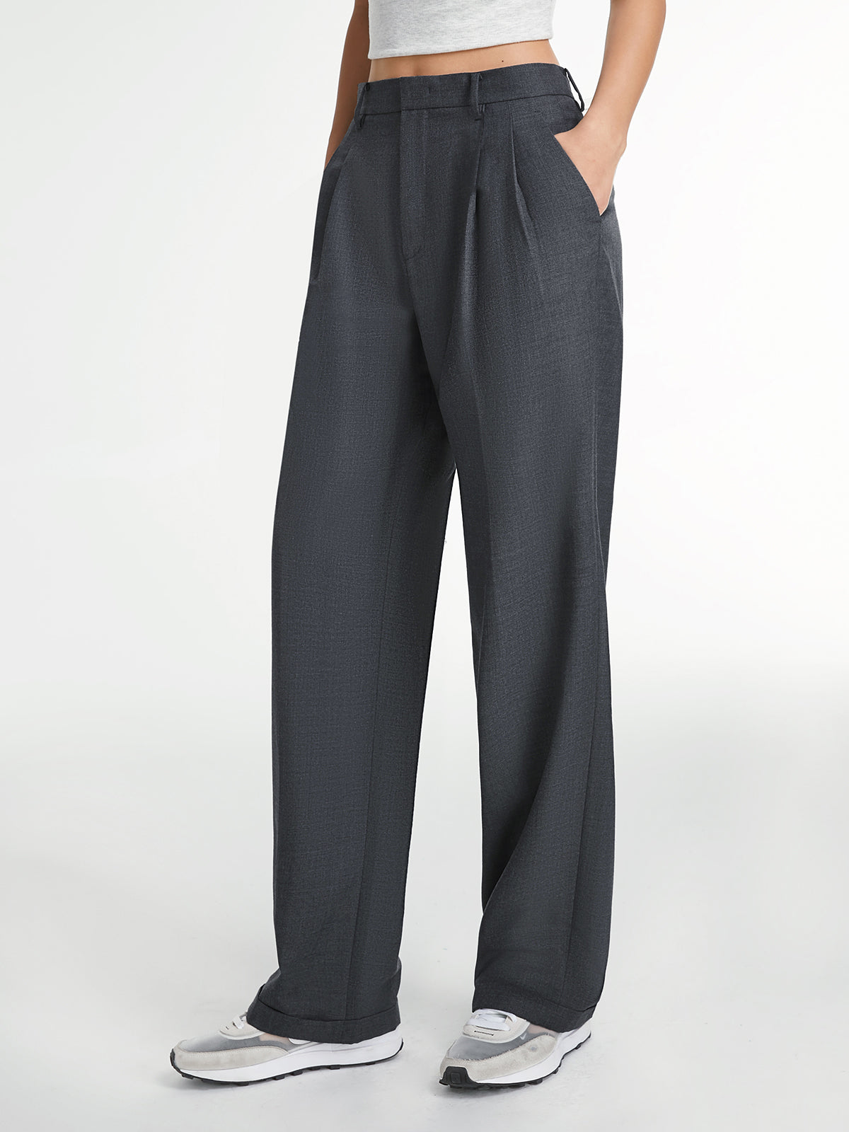 Wide-leg trousers with pleated detail in dark gray angled view