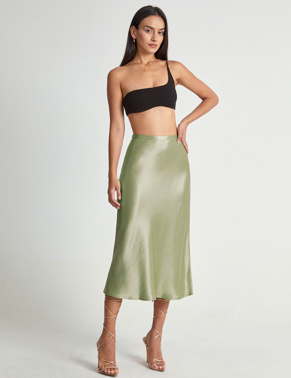 Midi-rok satijn groen glanzend front view