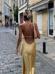 Evening dress yellow with split back view