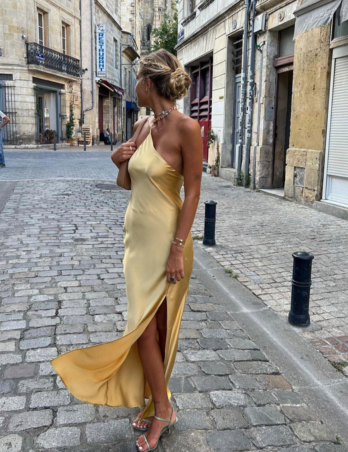 Evening dress yellow with split front view