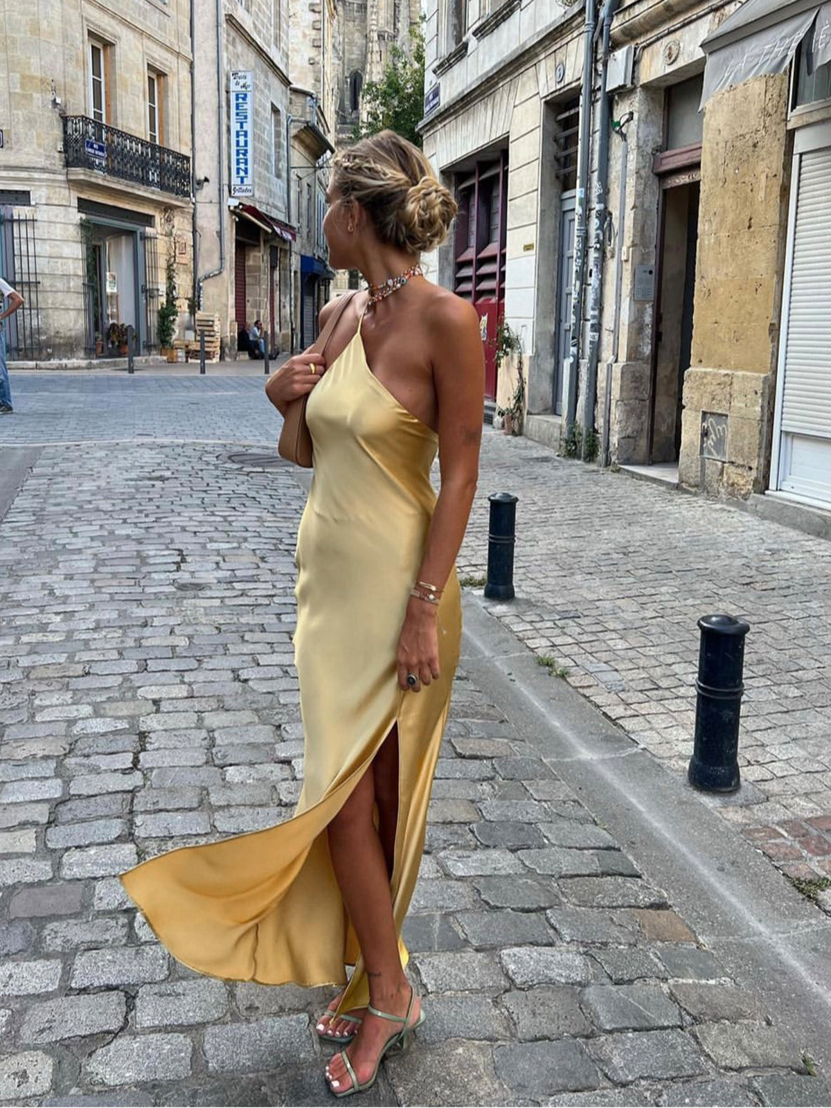 Evening dress yellow with split front view