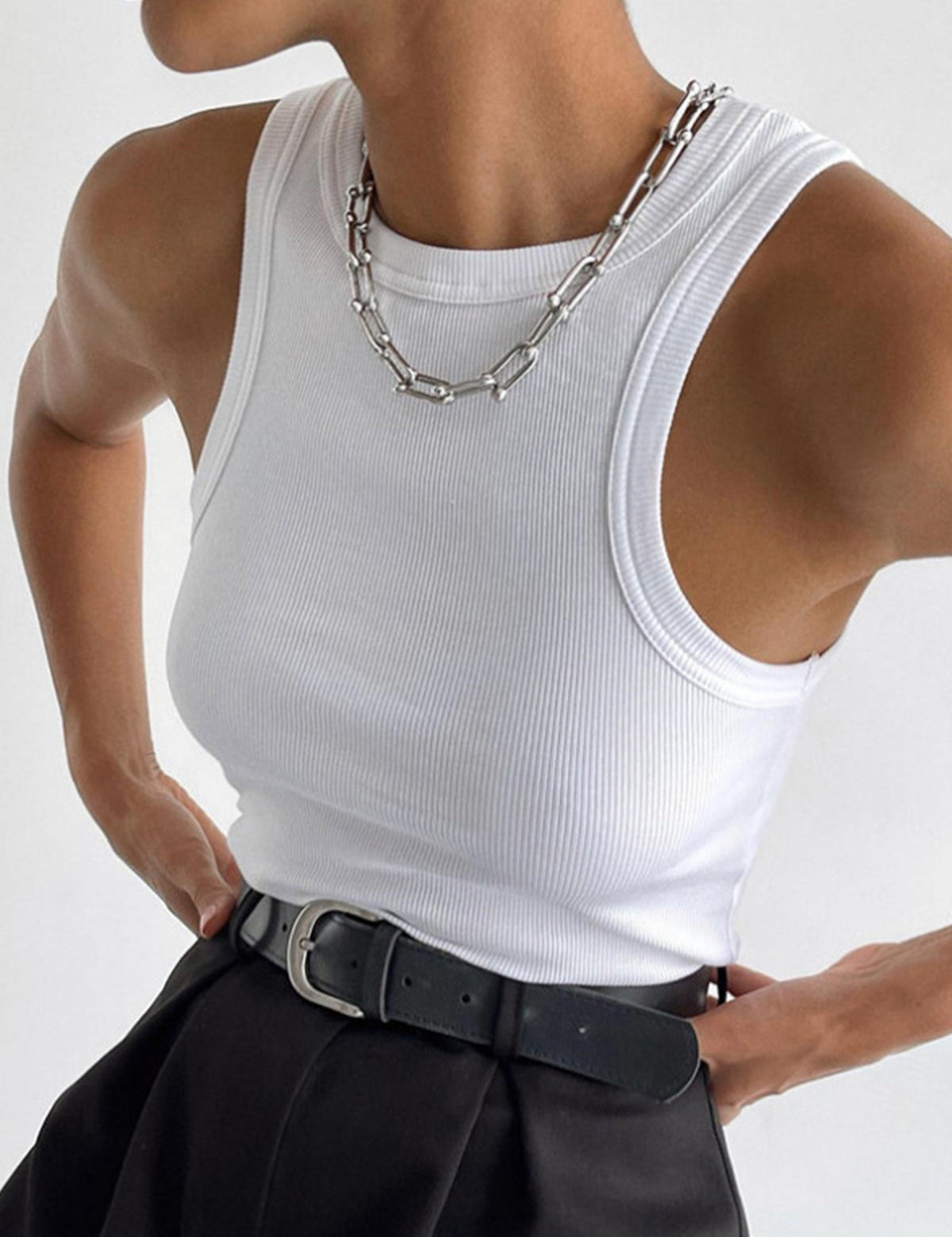 White ribbed tank top front view with silver chain necklace