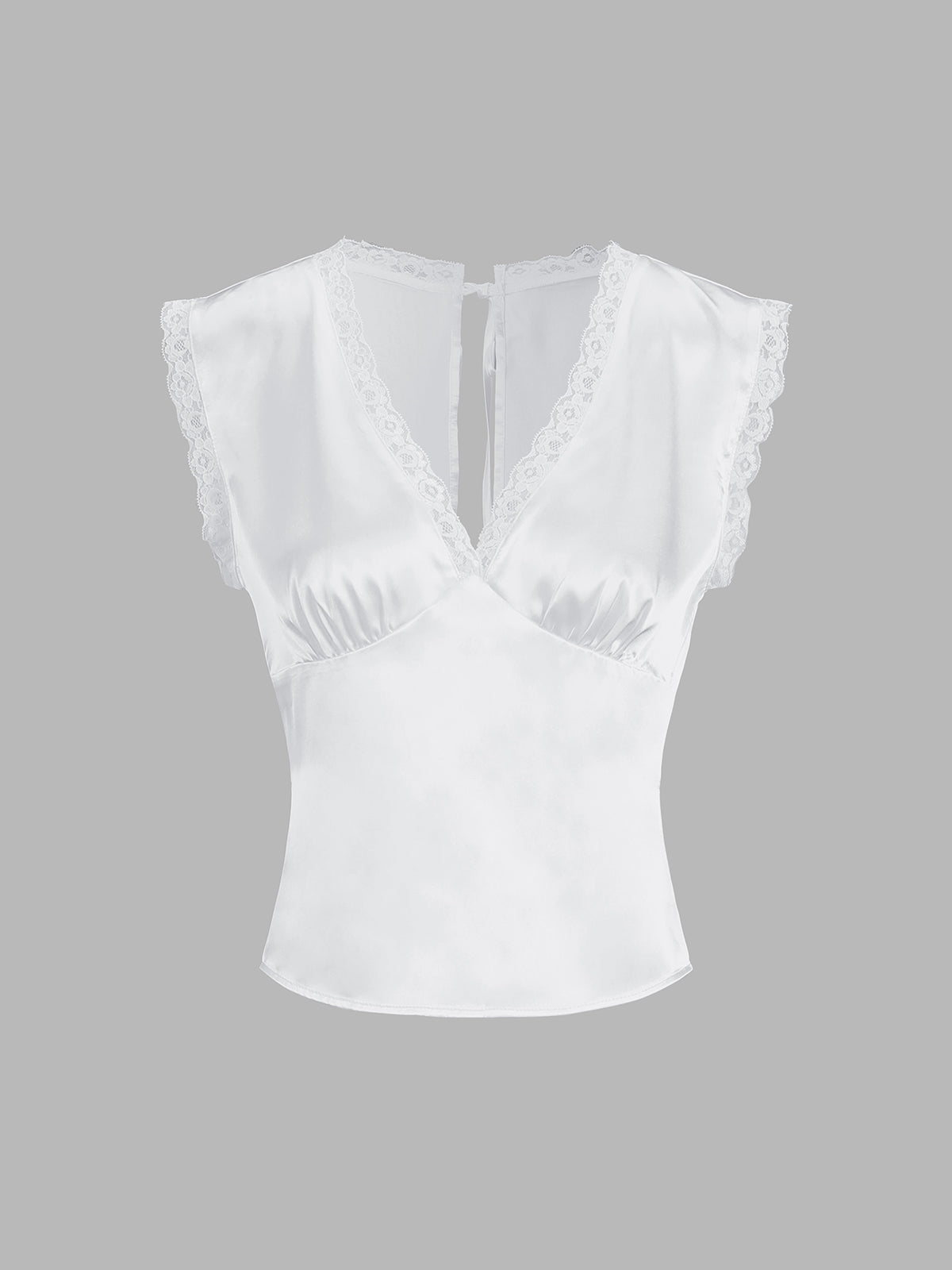 White satin top with lace trim and V-neck, front view