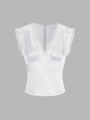 White satin top with lace trim and V-neck, front view
