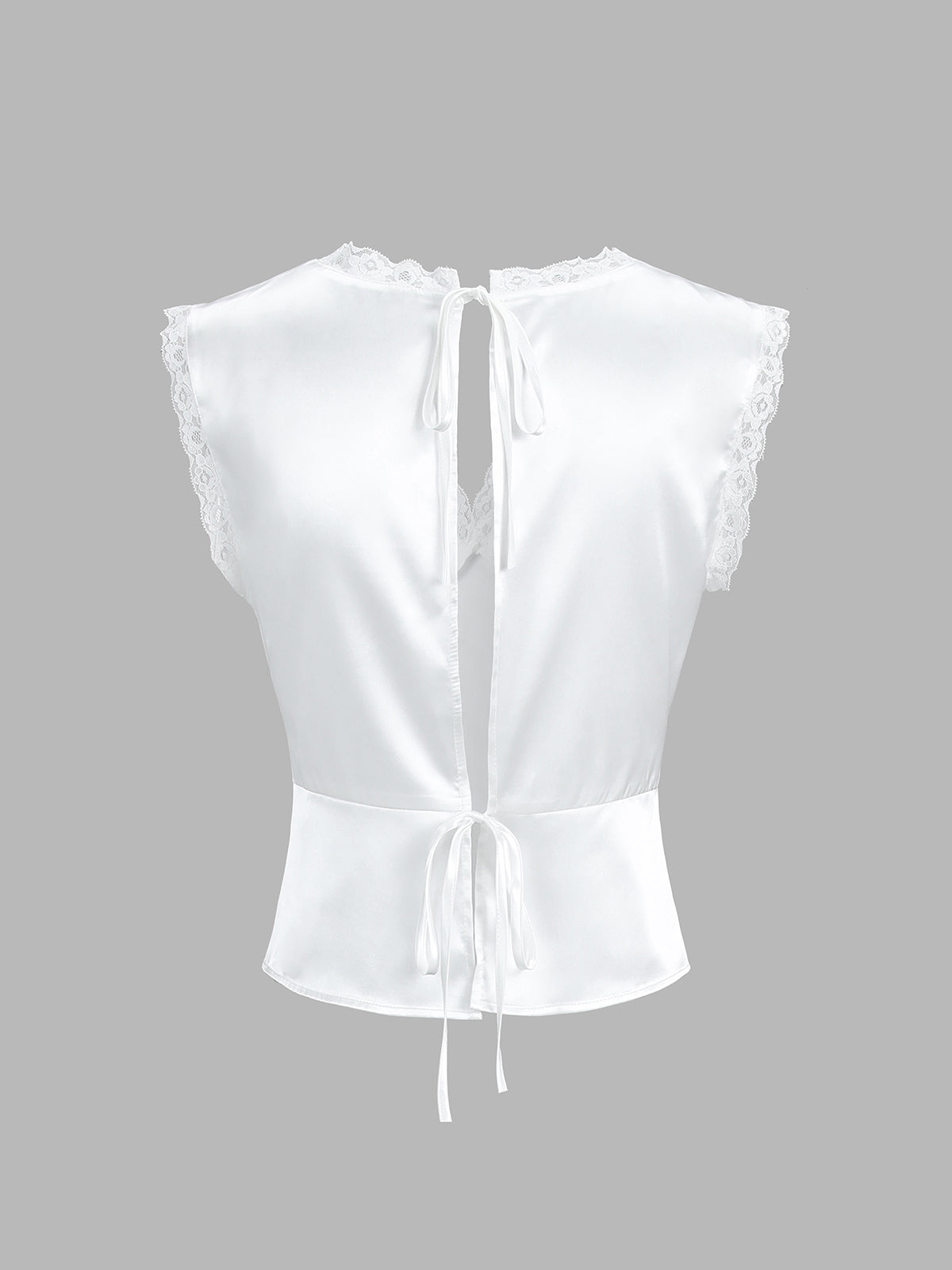 White satin top with lace trim and back tie, back view