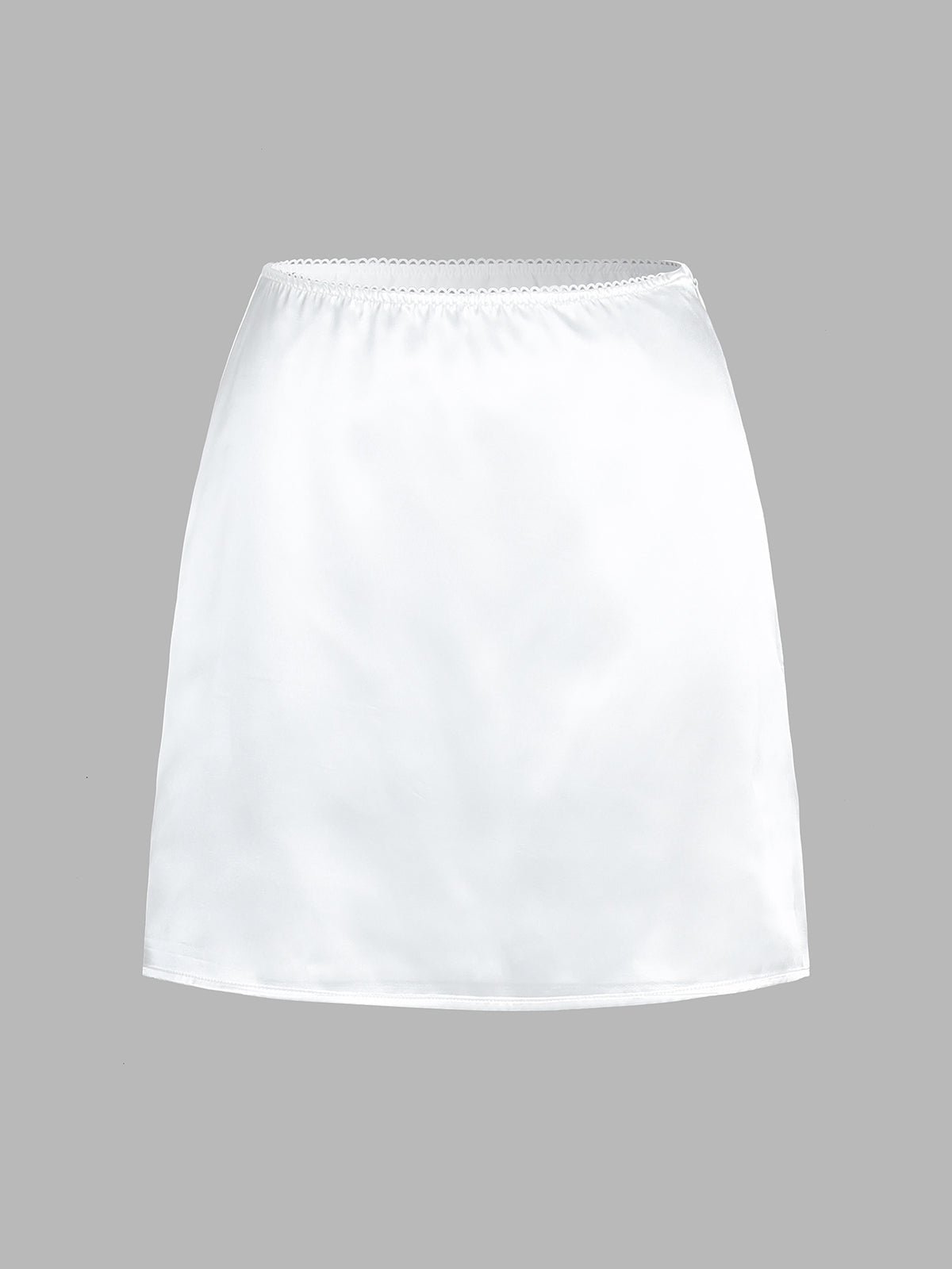 White satin skirt with elastic waist, front view