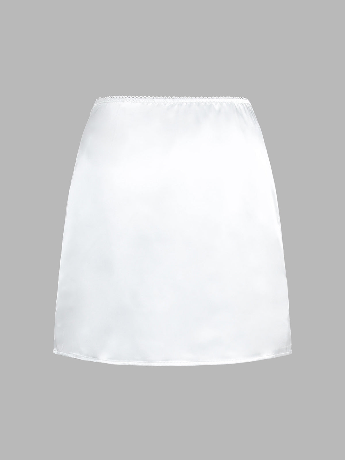 White satin skirt with elastic waist, back view