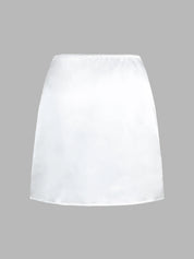 White satin skirt with elastic waist, back view