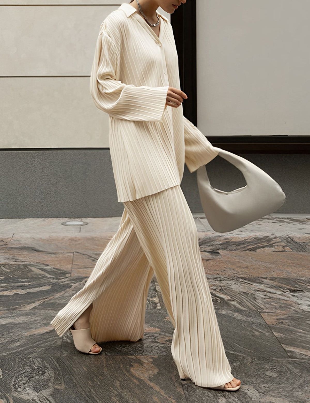 Cream pleated two-piece set front view