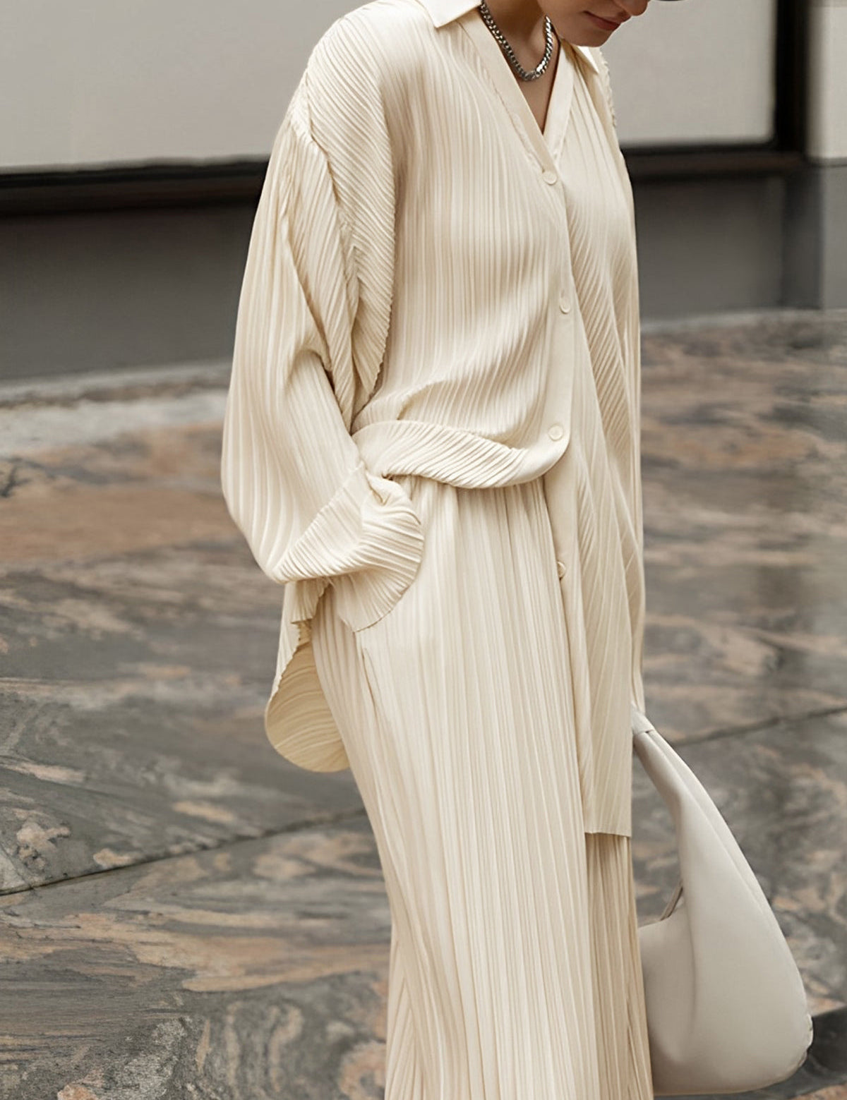 Cream pleated two-piece set side view