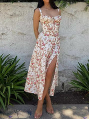 Floral print midi dress with side slit, side view