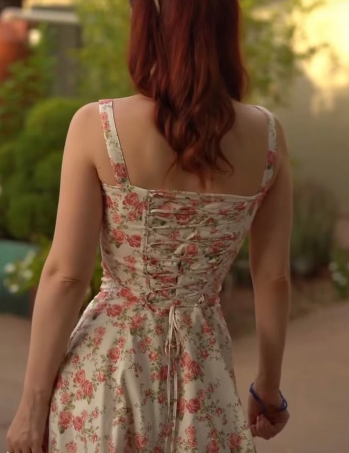 Floral print midi dress with side slit, back view