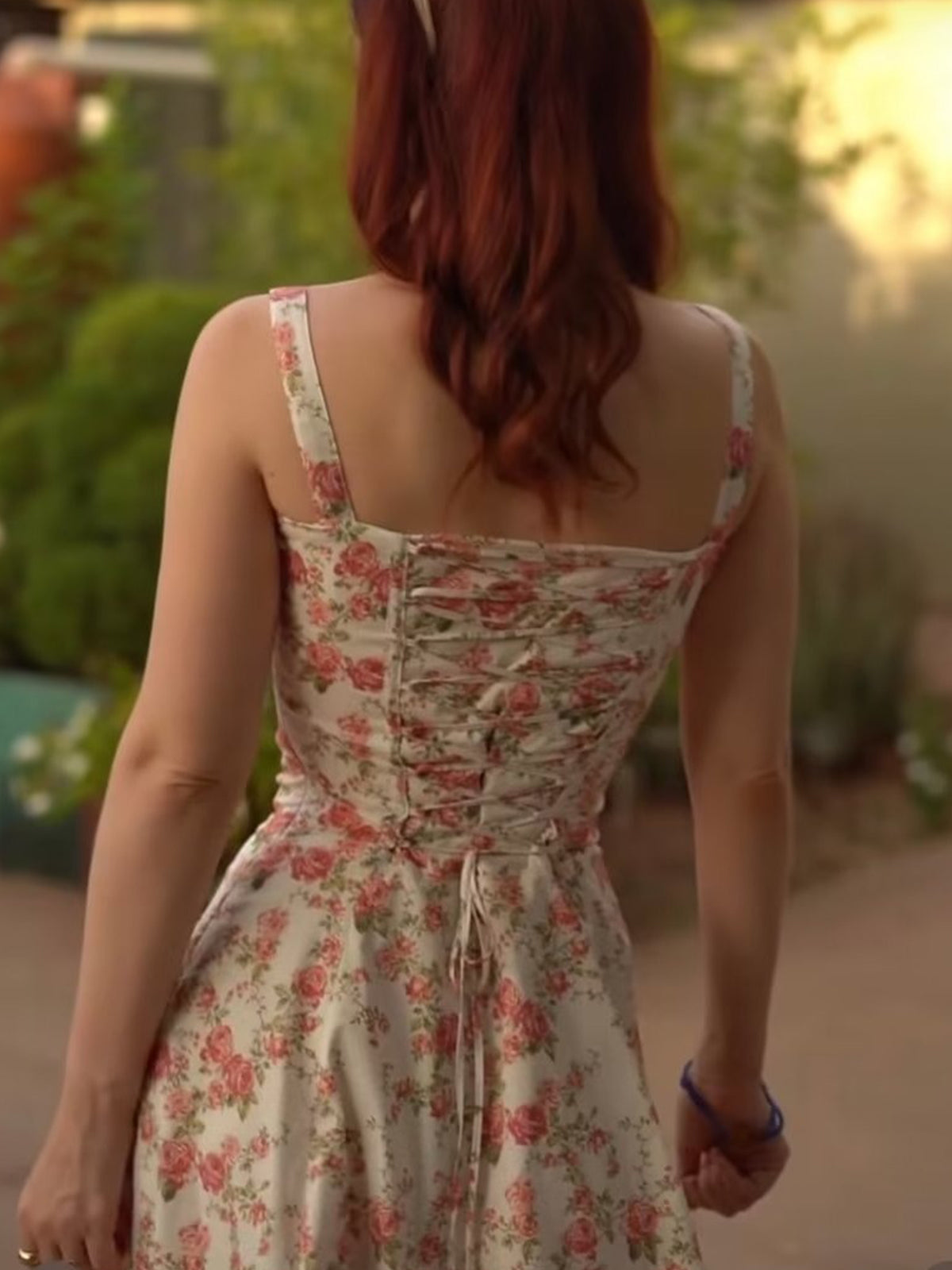 Floral print midi dress with side slit, back view