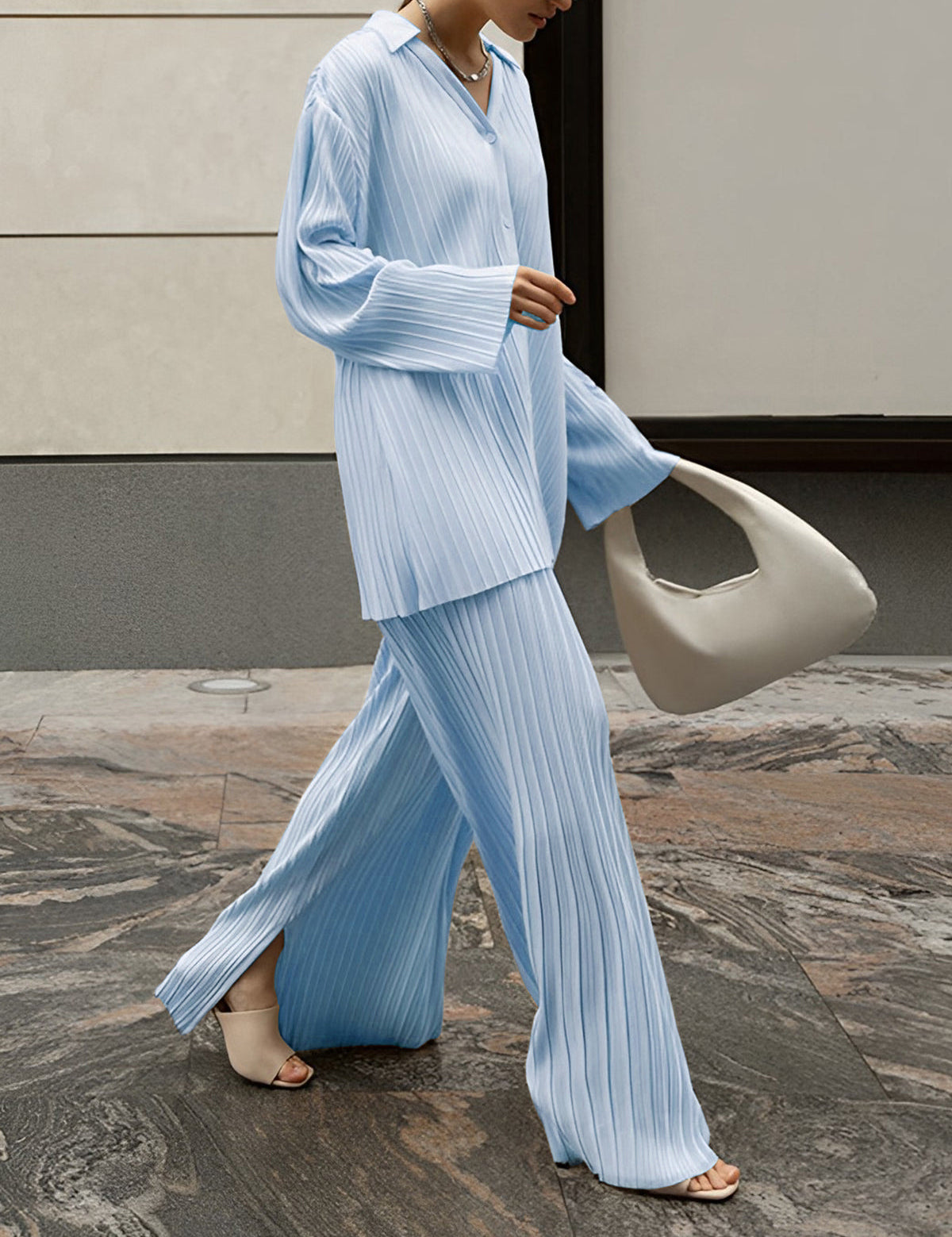 Light blue pleated two-piece set front view