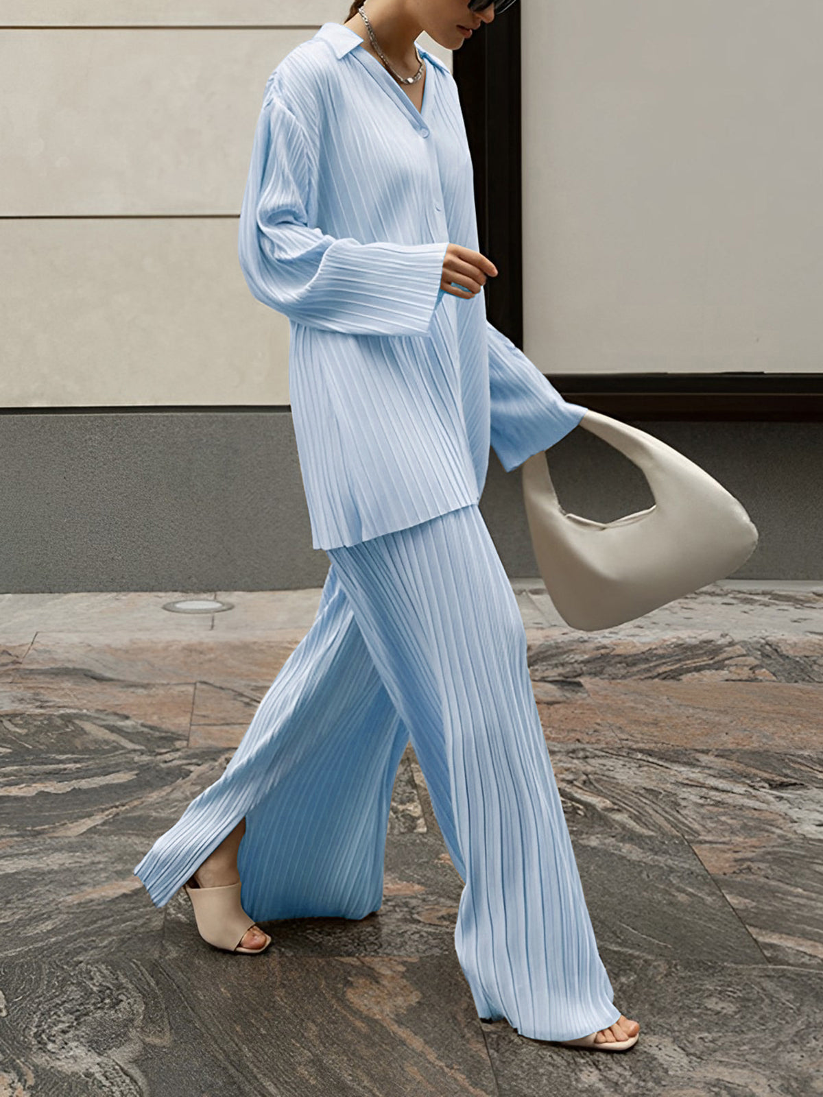 Light blue pleated two-piece set front view