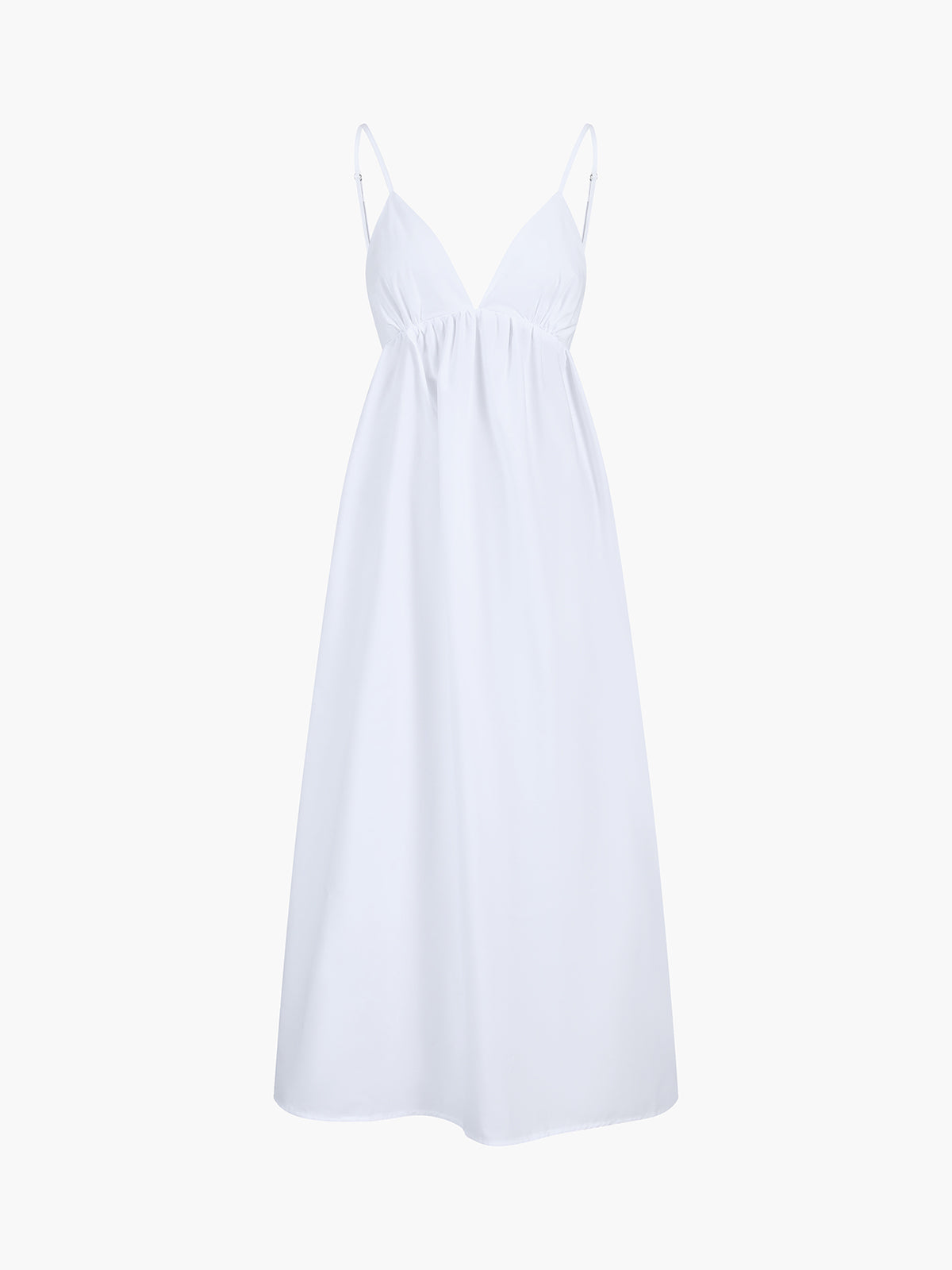 White summer dress with open back, studio front view