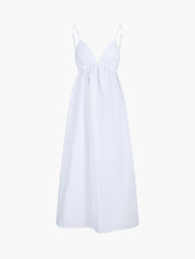White summer dress with open back, studio front view