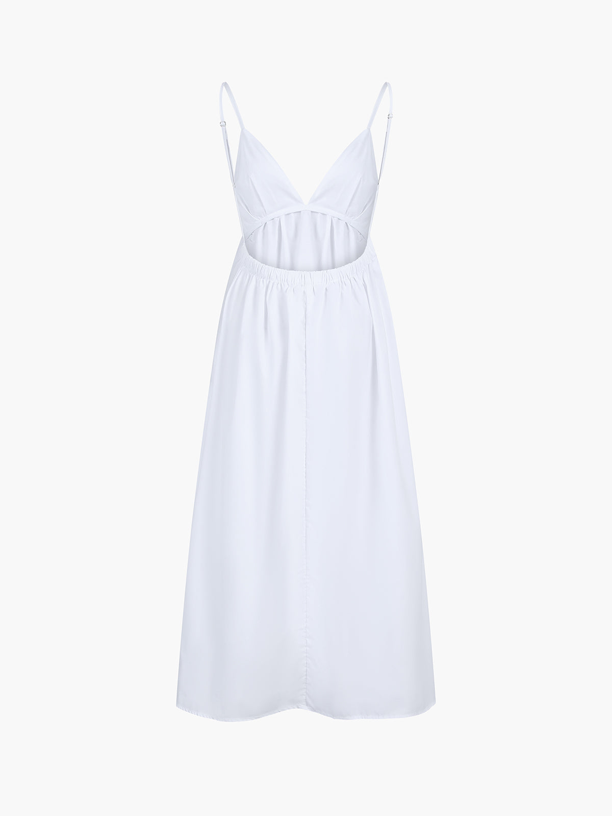 White summer dress with open back, studio side view