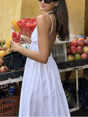 White summer dress with open back, back view