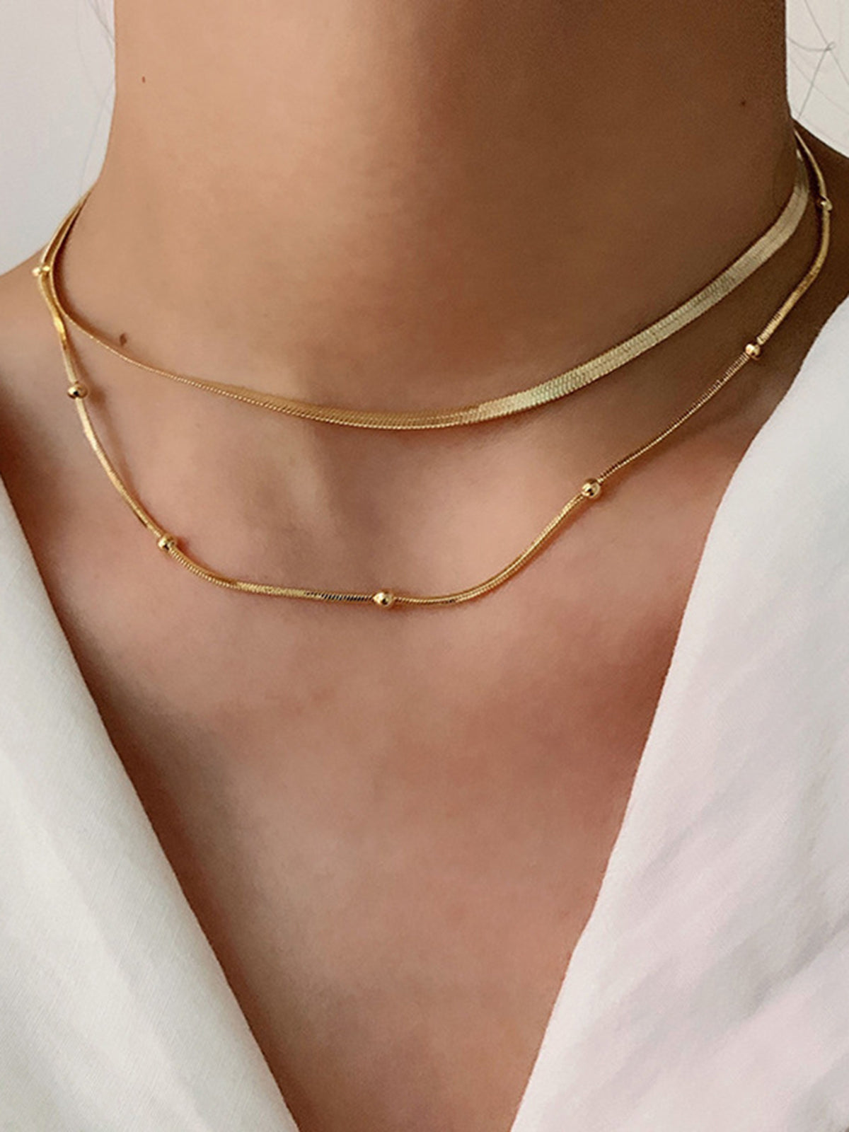 Halsketting, gouden, dubbele streng ontwerp, goudkleurige metalen legering, Dames