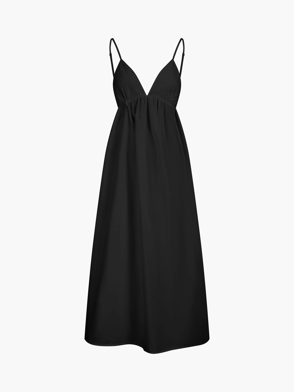 Black summer dress with open back, studio front view