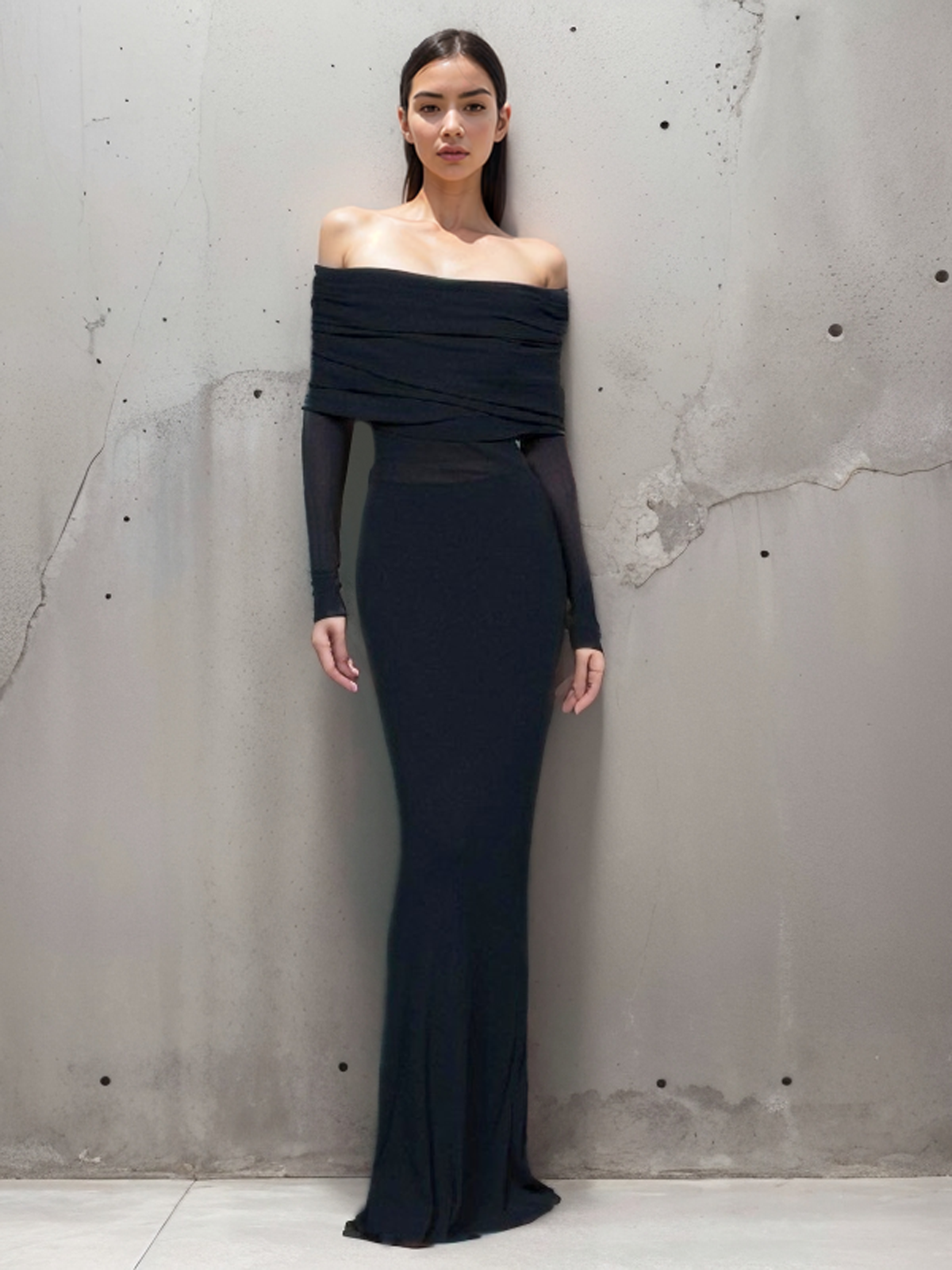 Dark blue off-shoulder dress with ruched bodice front view