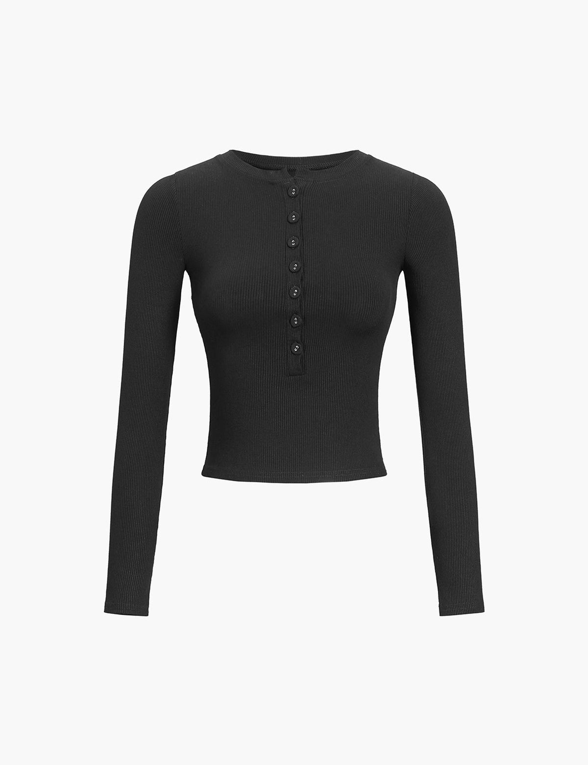 Black ribbed crop top with button front, front view