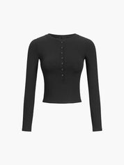 Black ribbed crop top with button front, front view