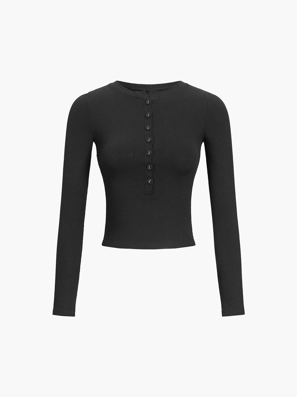 Black ribbed crop top with button front, front view