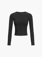 Black ribbed crop top with button front, front view