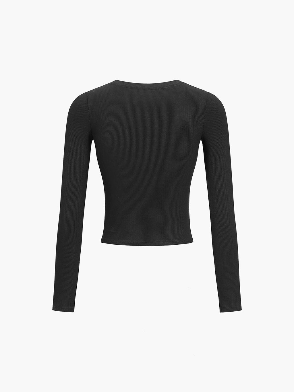 Black ribbed crop top with button front, back view
